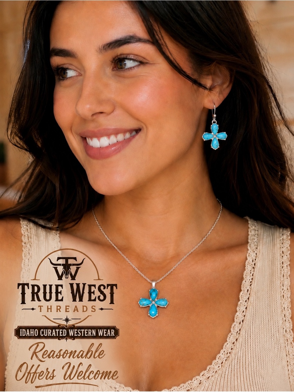 NWT Montana Silversmiths Turquoise Flower Cross Western Necklace & Earrings Set